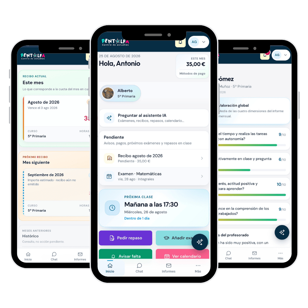 Capturas de la app Espacio Familias de Academia Pentalfa: inicio, recibos e informes mensuales en el móvil