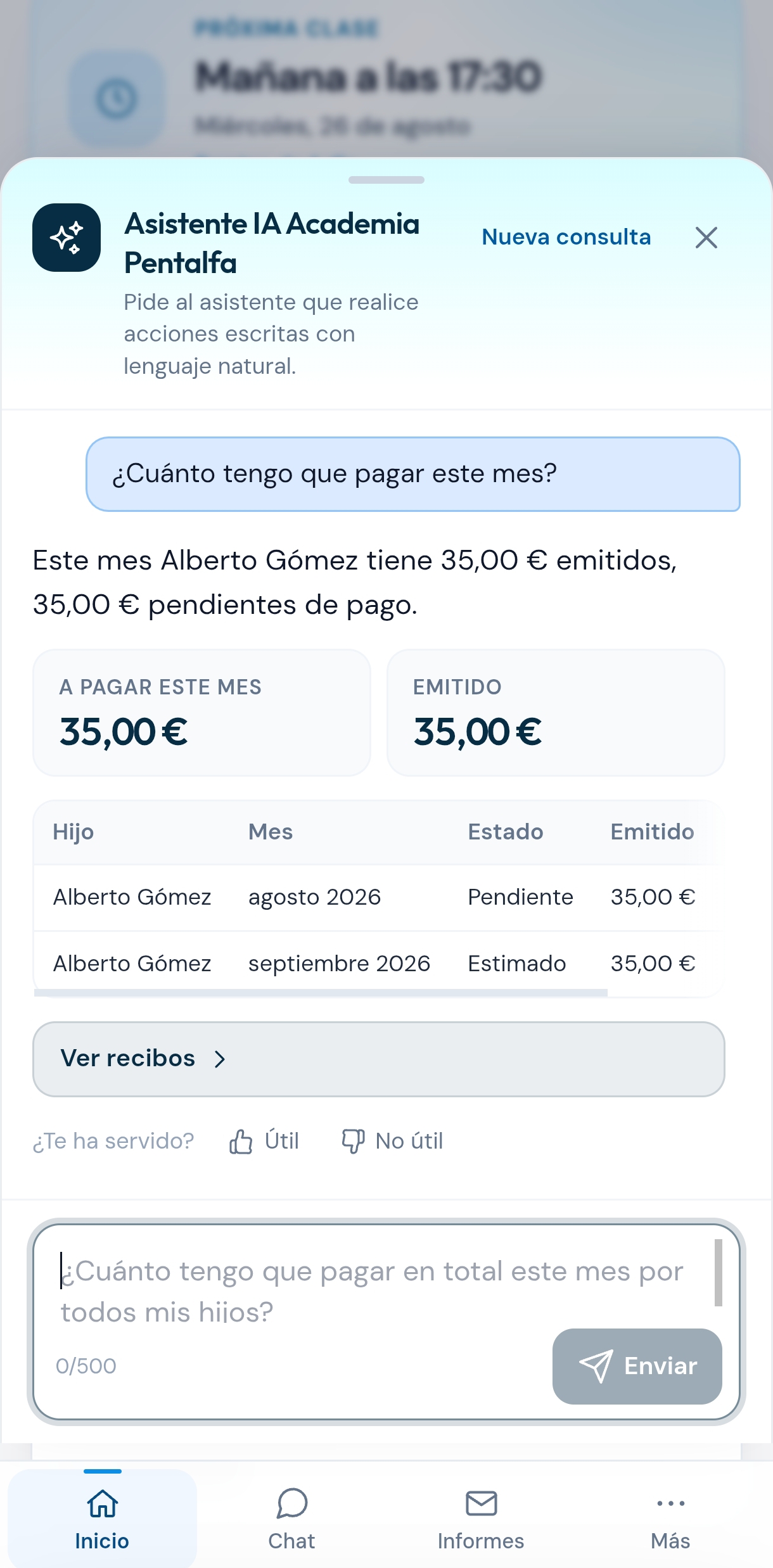 Asistente IA de Espacio Familias respondiendo sobre el pago del mes