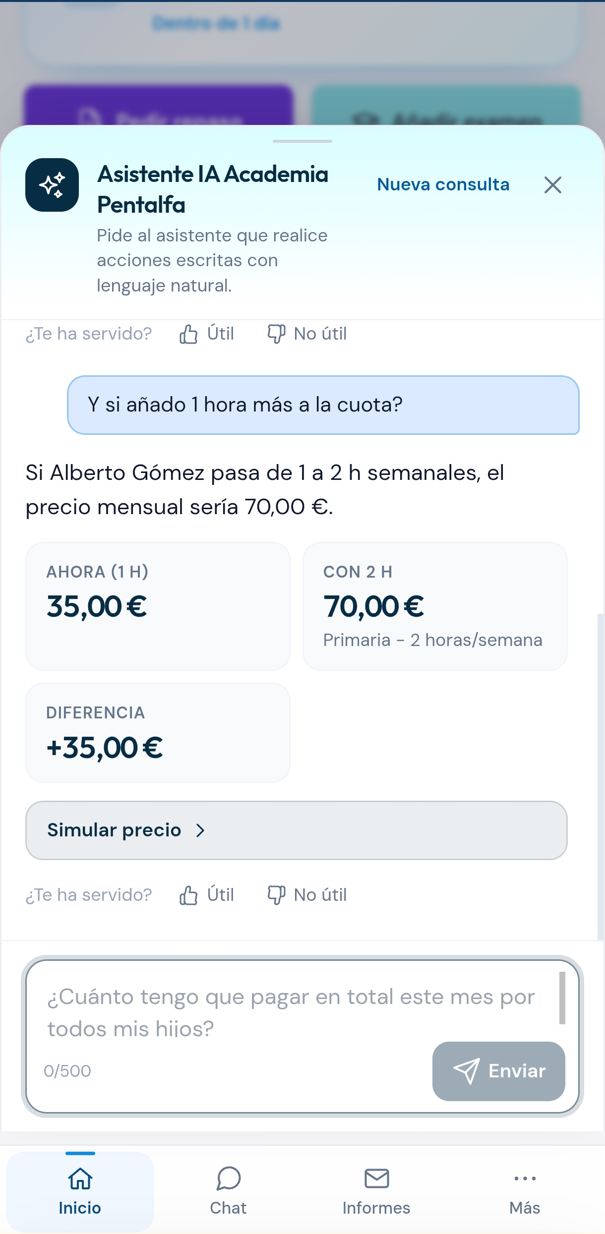 Asistente IA simulando el precio de las clases