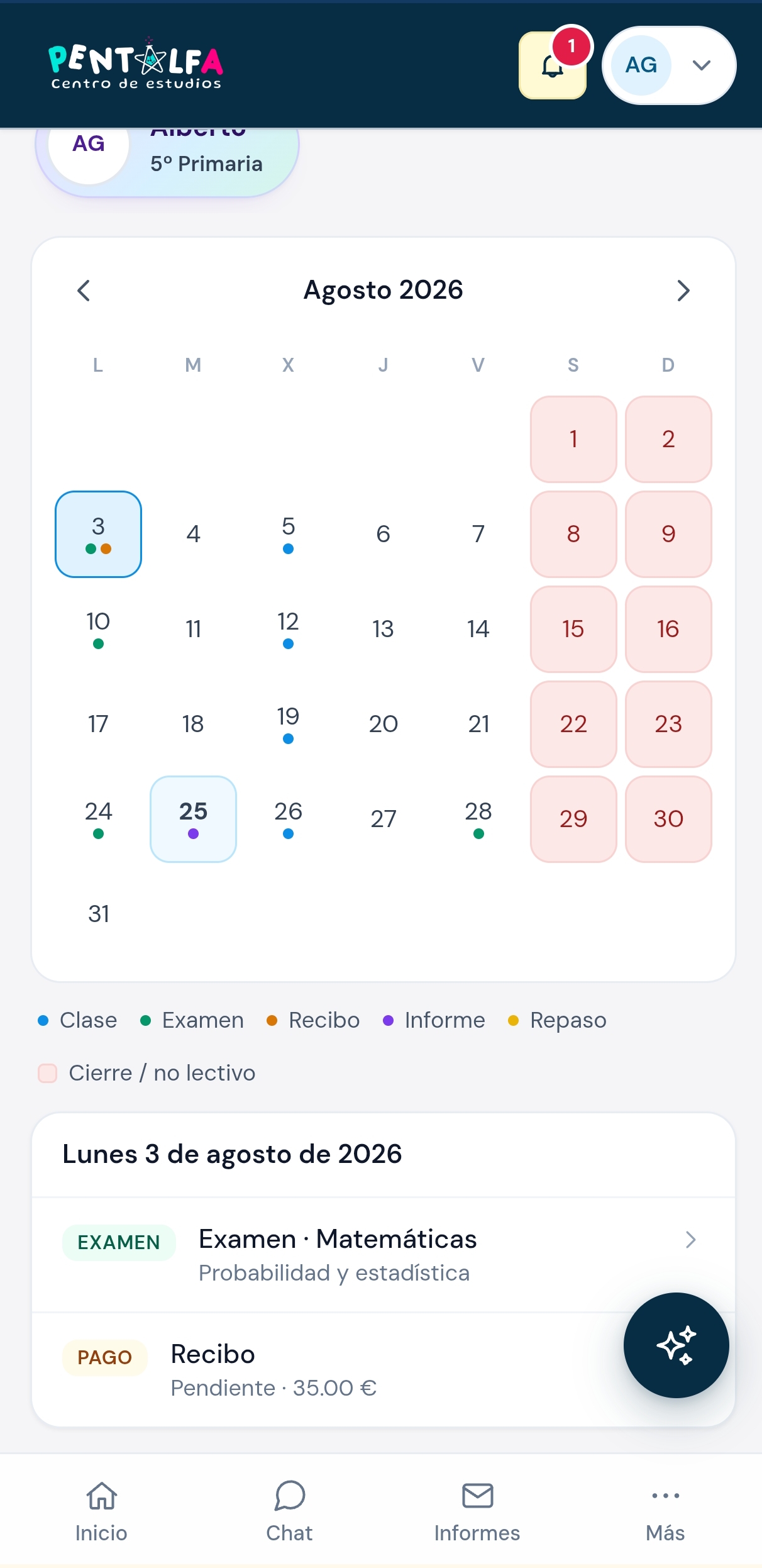 Calendario mensual de clases y exámenes en Espacio Familias