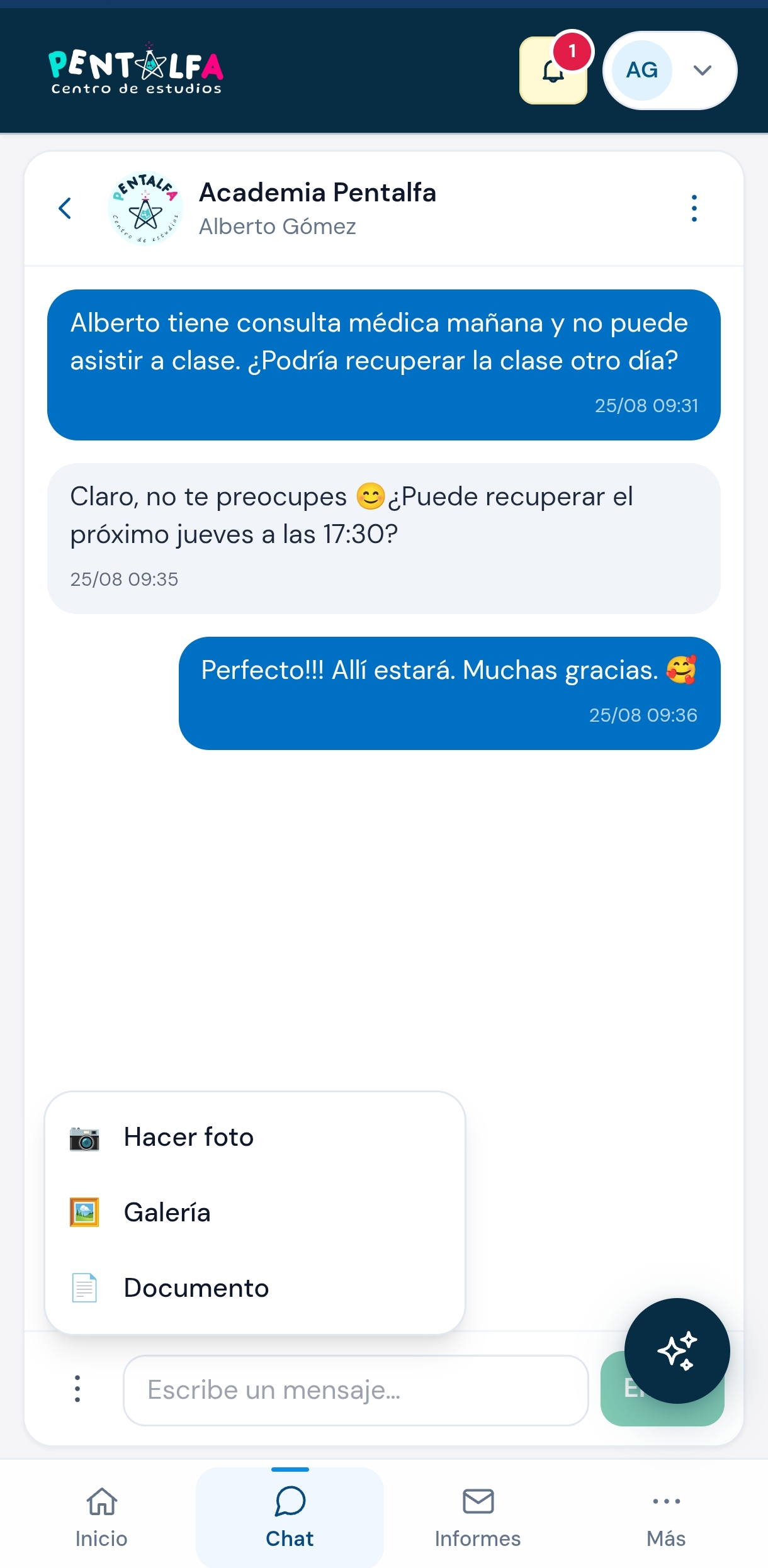 Chat de Espacio Familias para recuperar una clase