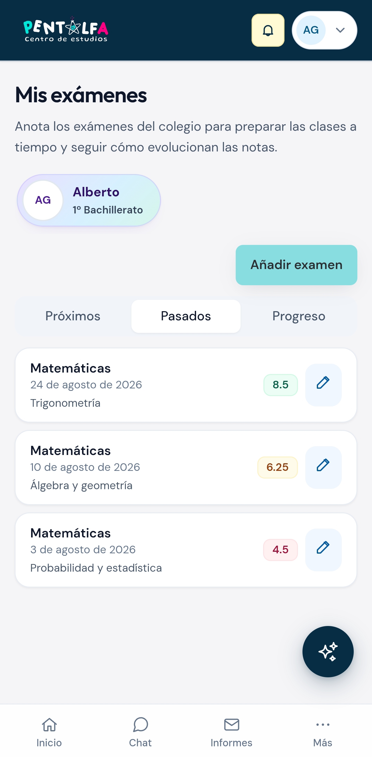 Evolución de exámenes y notas en Espacio Familias