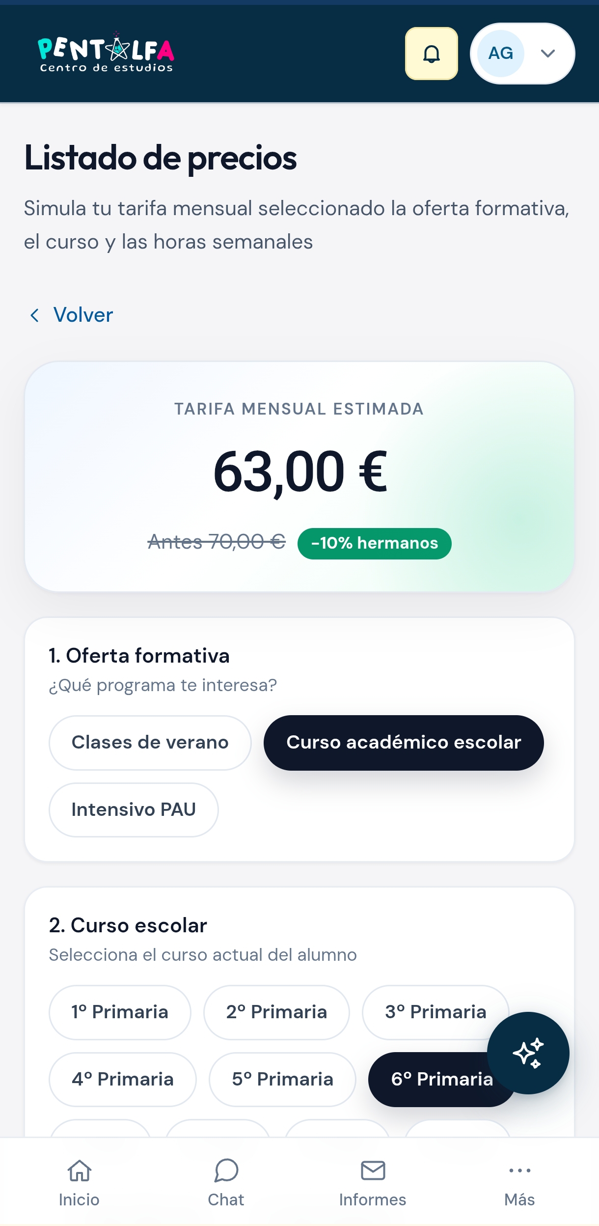 Simulador de tarifa mensual en Espacio Familias