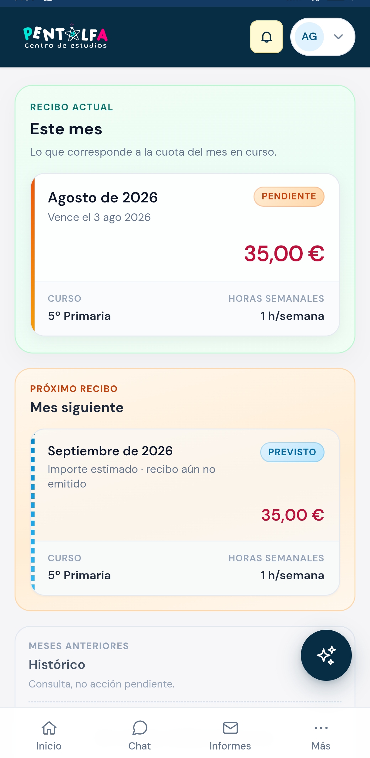 Recibos actuales y próximos en Espacio Familias
